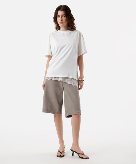 bermuda jorts feminina de sarja cintura média bege