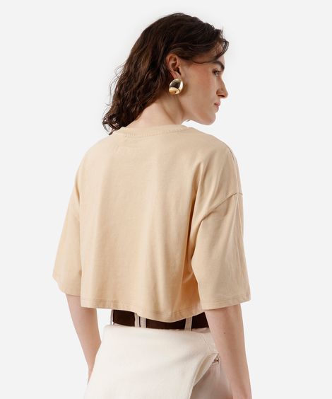 camiseta cropped feminina de algodão hello kitty bege