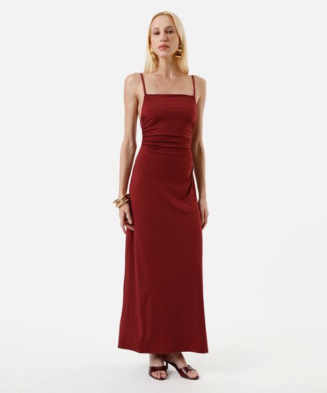 vestido longo feminino franzido alça fina vinho