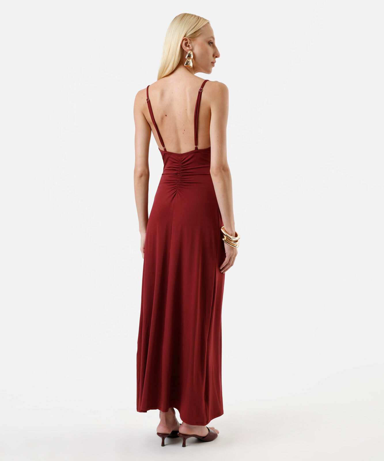 vestido longo feminino franzido alça fina vinho