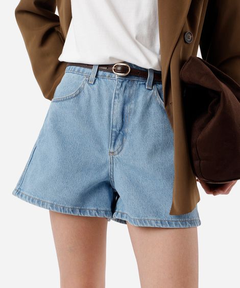 short boy feminino jeans cintura alta azul