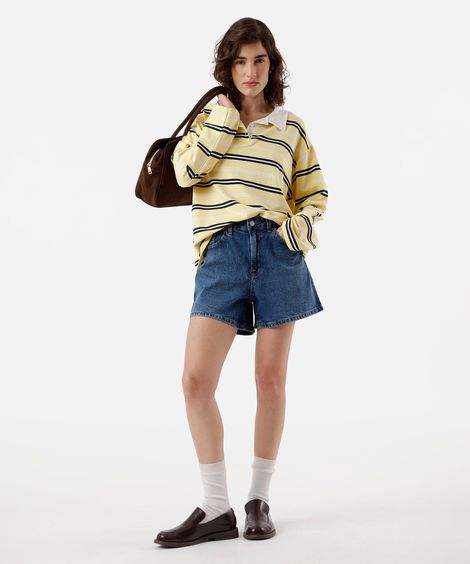 short feminino jeans cintura alta azul