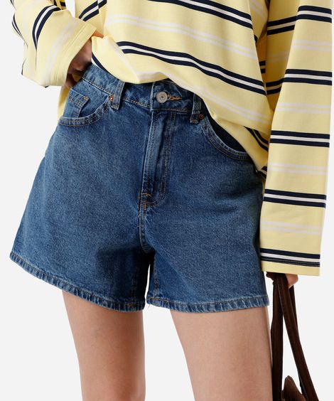 short feminino jeans cintura alta azul