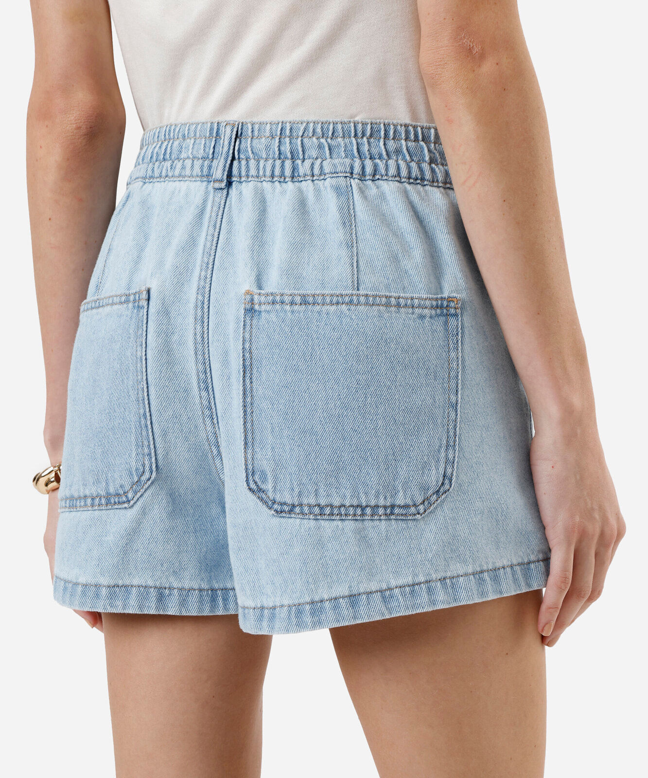 short feminino jeans cós elástico azul
