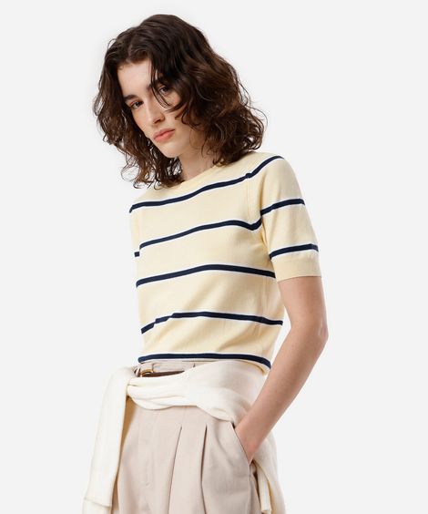 blusa cropped feminina de tricot listrada amarela