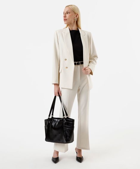 calça flare de alfaiataria feminina com cinto bege