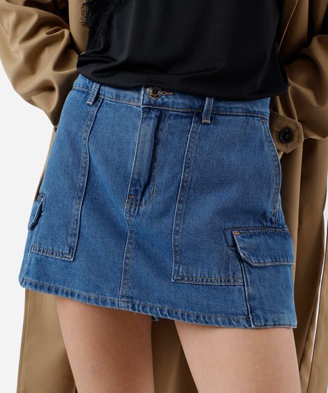 short saia cargo feminino jeans azul