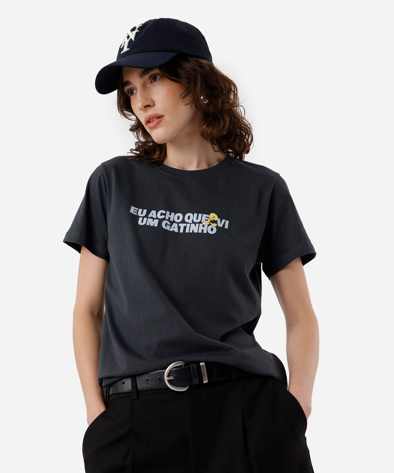 camiseta feminina de algodão piu piu cinza