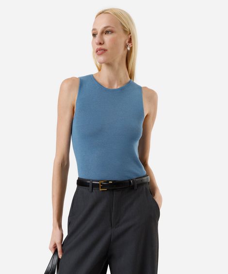 regata feminina de tricot decote redondo azul