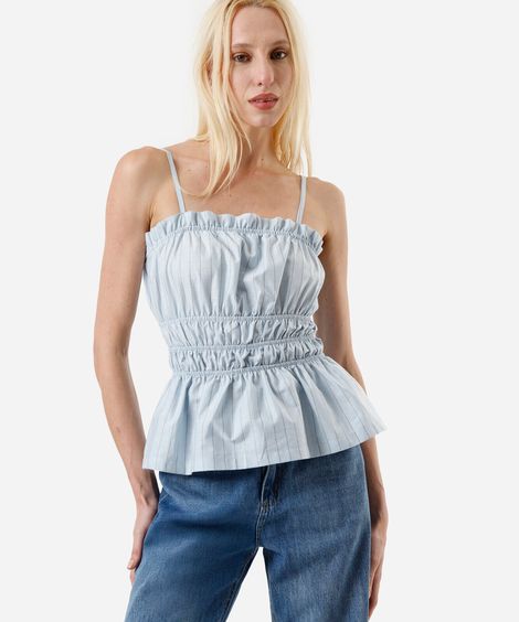 blusa alça fina feminina de algodão franzida listrada azul