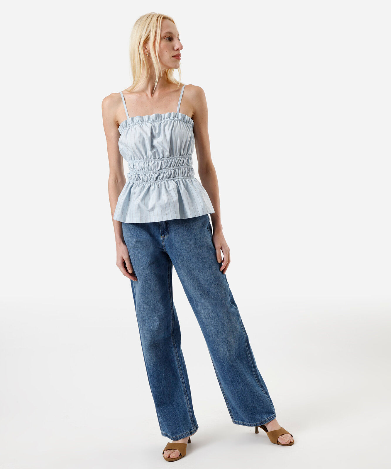 blusa alça fina feminina de algodão franzida listrada azul