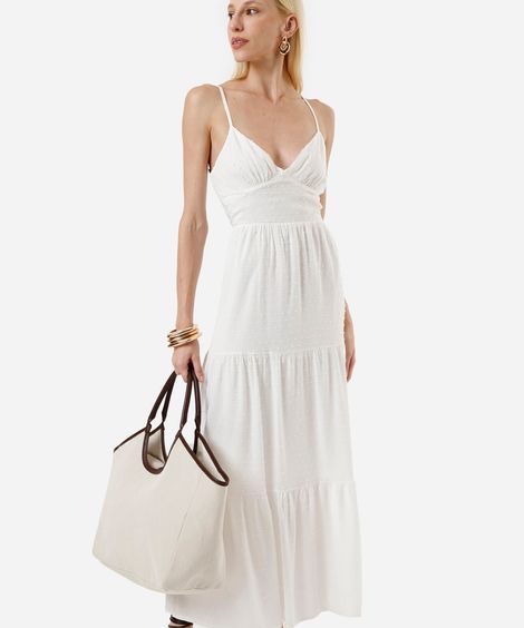 vestido longo alça fina feminino de viscose com recortes texturizado off white