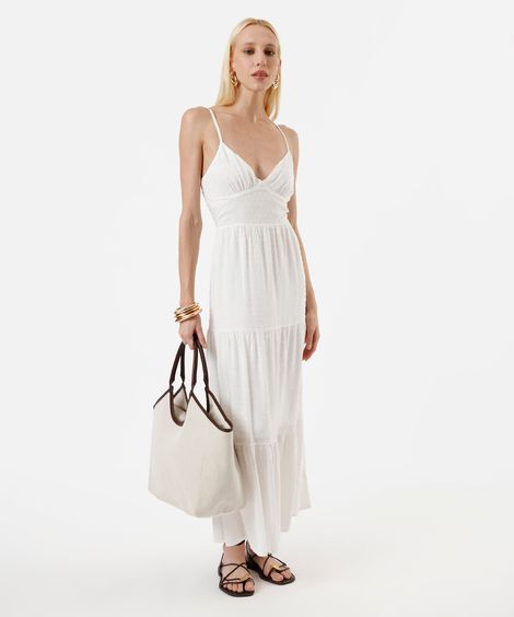vestido longo alça fina feminino de viscose com recortes texturizado off white