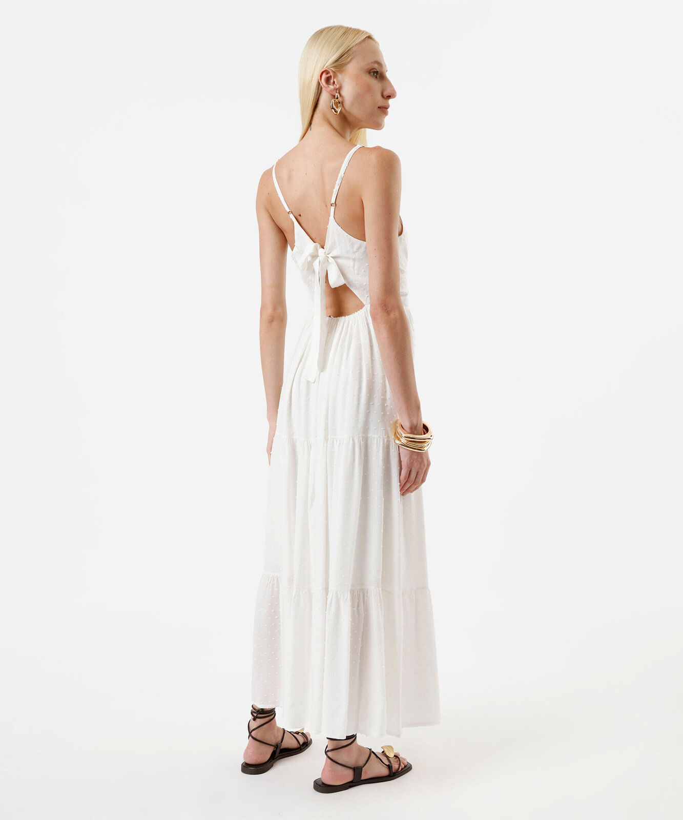 vestido longo alça fina feminino de viscose com recortes texturizado off white