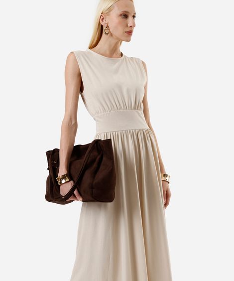 vestido midi feminino de algodão decote redondo bege