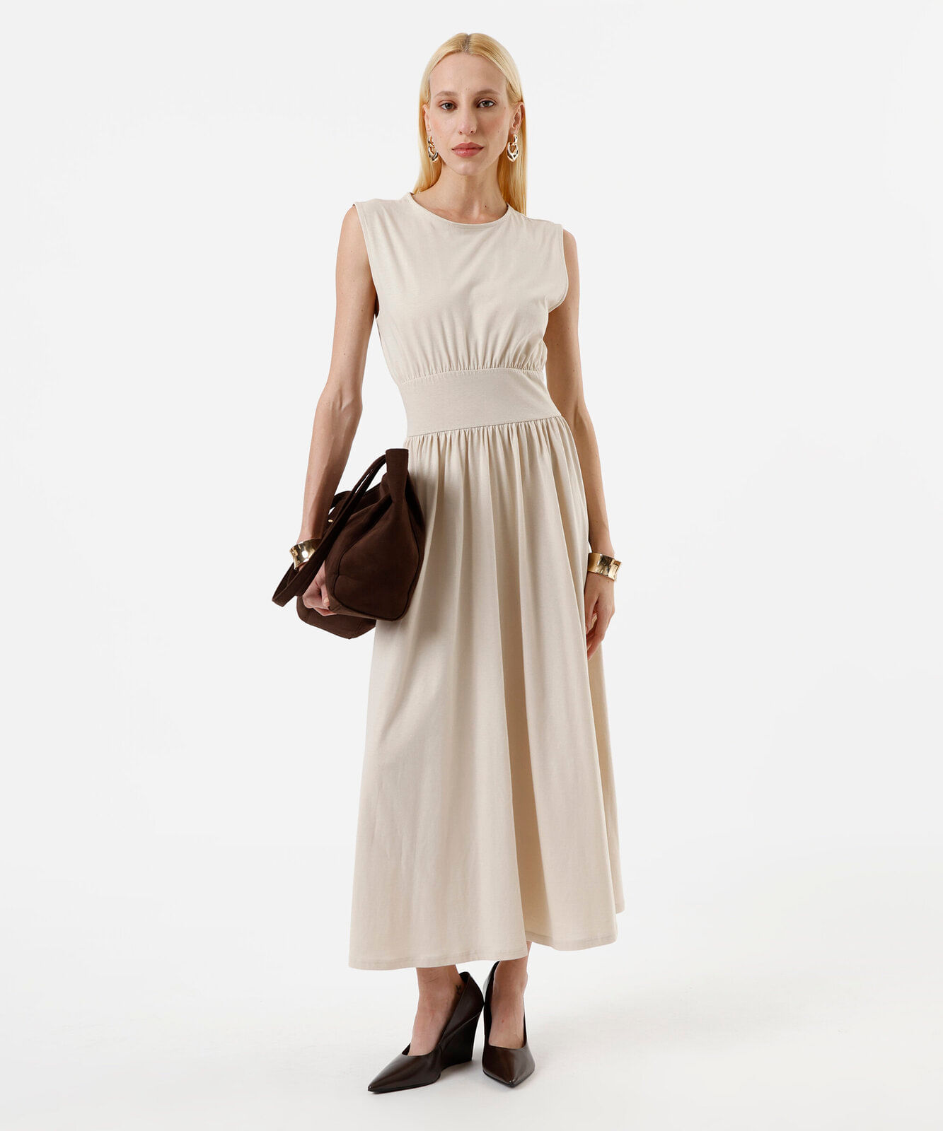 vestido midi feminino de algodão decote redondo bege