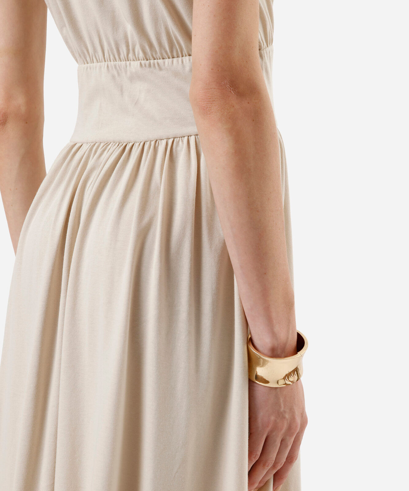 vestido midi feminino de algodão decote redondo bege