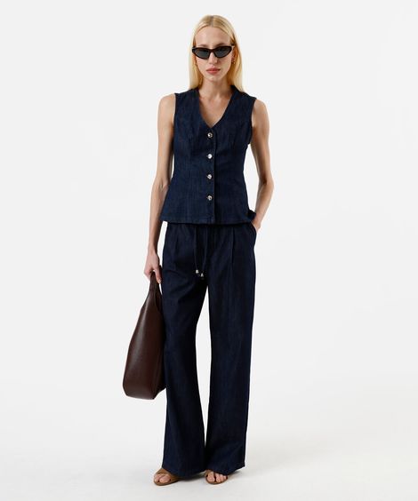 calça feminina jeans wide leg slim cintura média com cinto azul