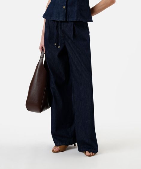 calça feminina jeans wide leg slim cintura média com cinto azul