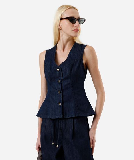 colete feminino jeans decote v azul
