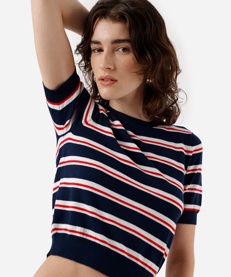 blusa cropped feminina de tricot listrada azul