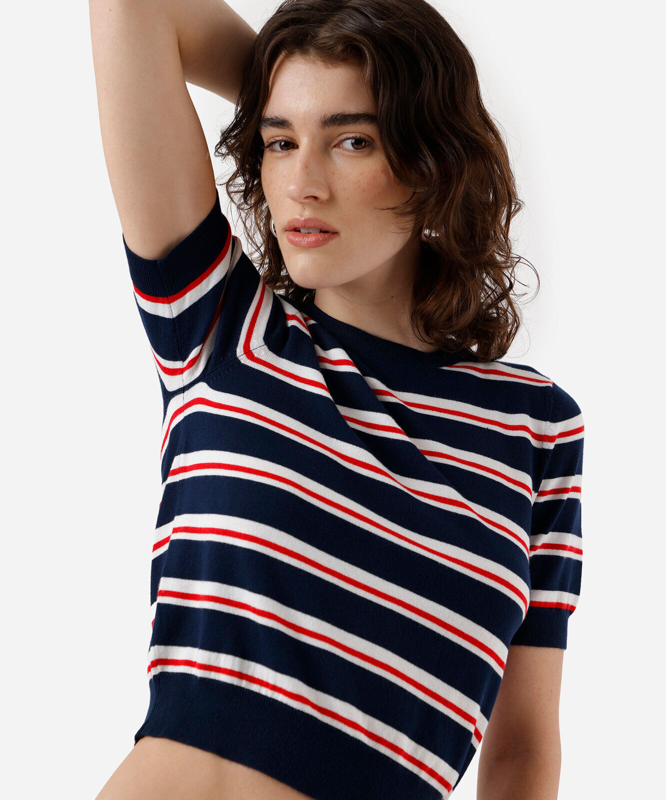blusa cropped feminina de tricot listrada azul