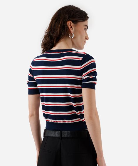 blusa cropped feminina de tricot listrada azul