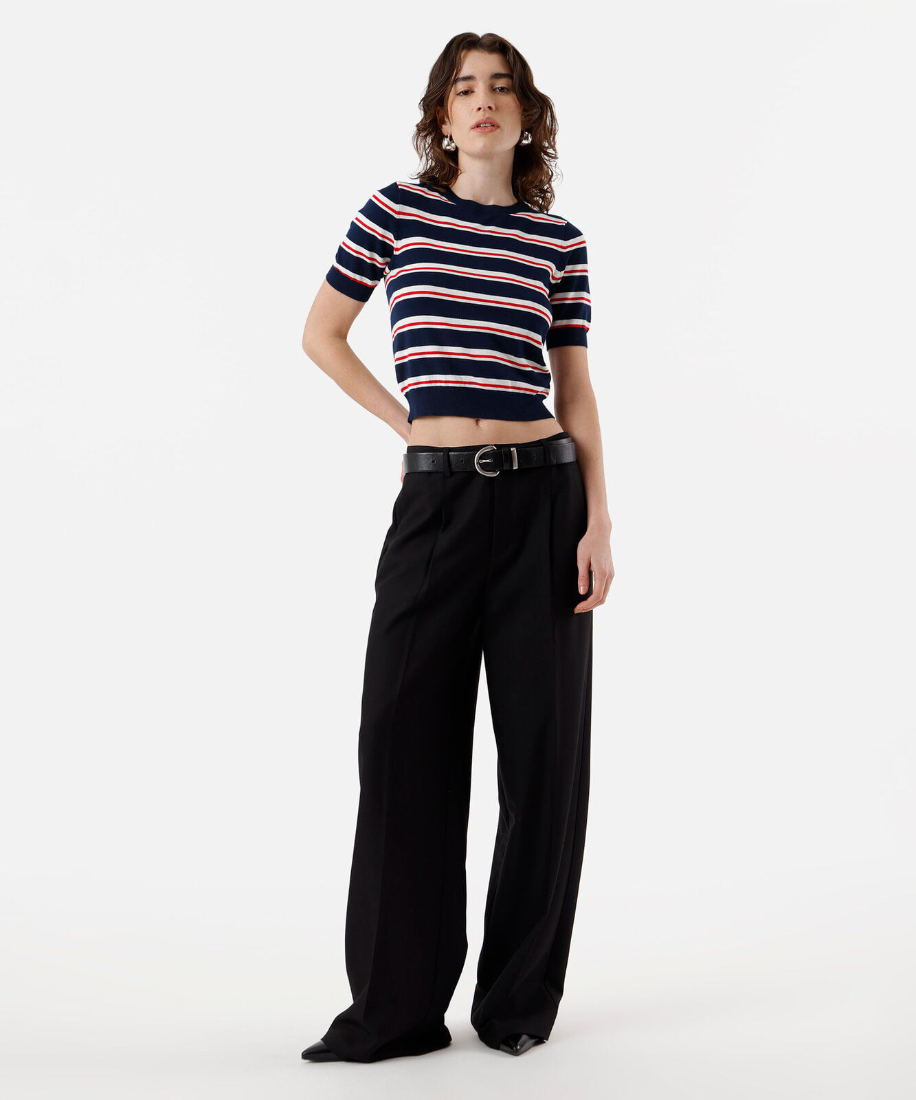 blusa cropped feminina de tricot listrada azul