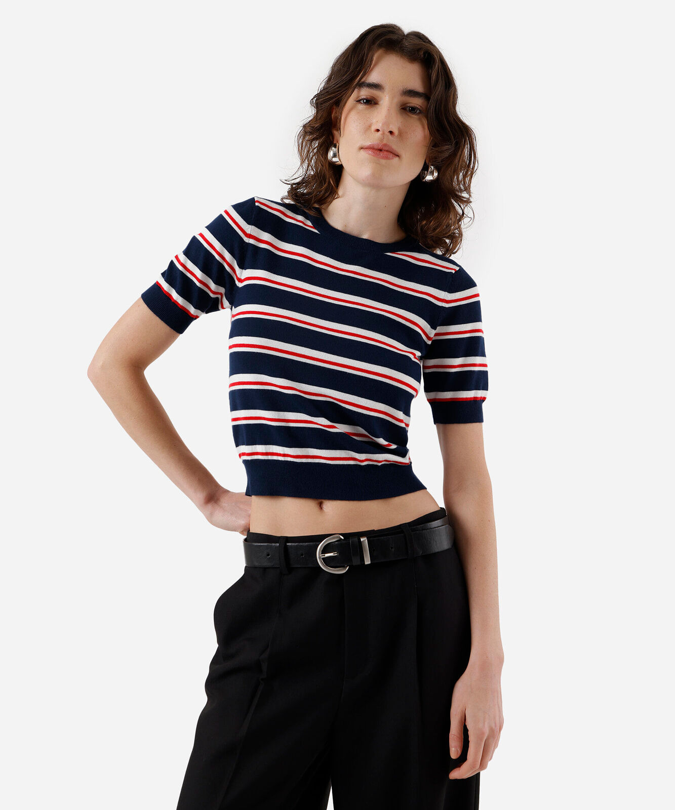 blusa cropped feminina de tricot listrada azul