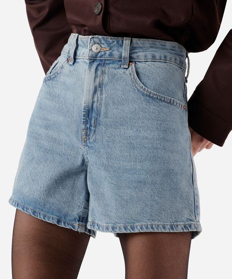 short feminino jeans cintura alta azul