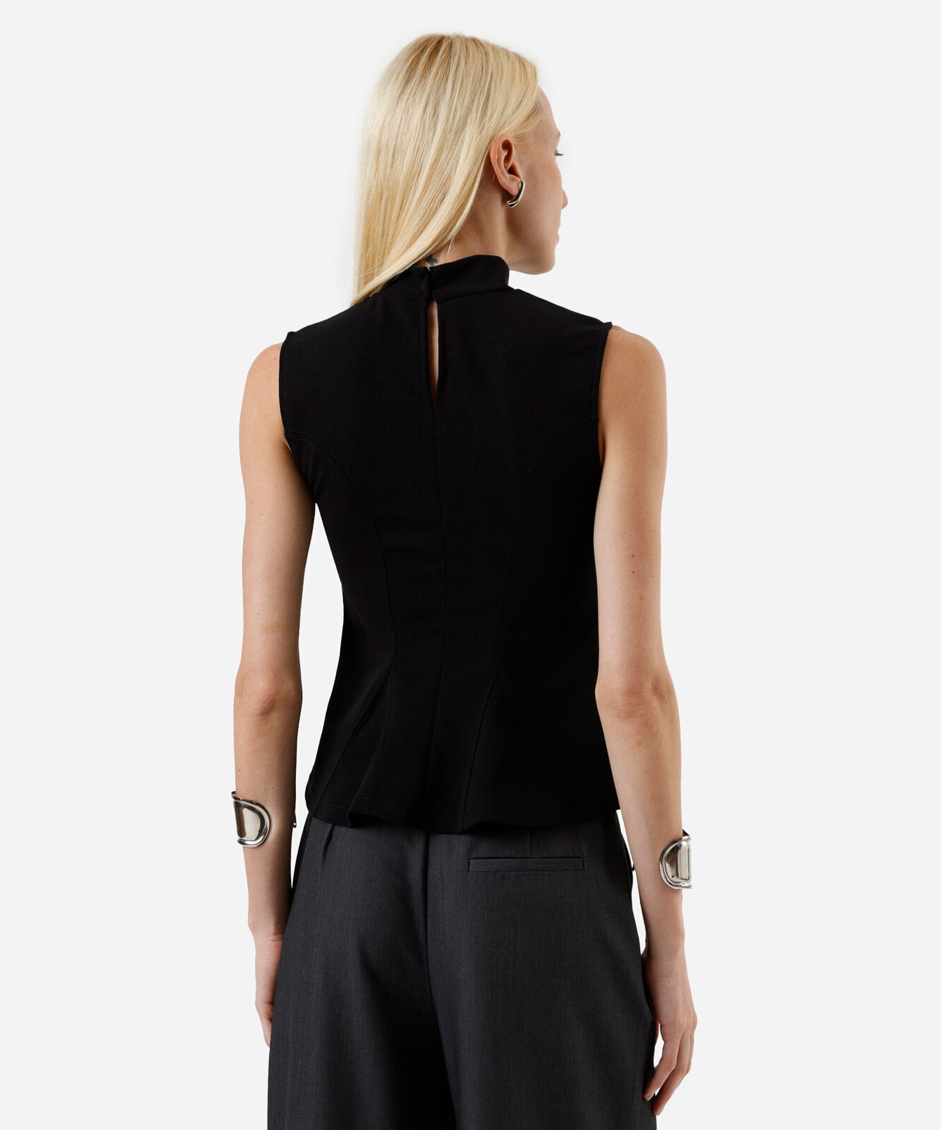 regata peplum feminina gola alta com recortes preta
