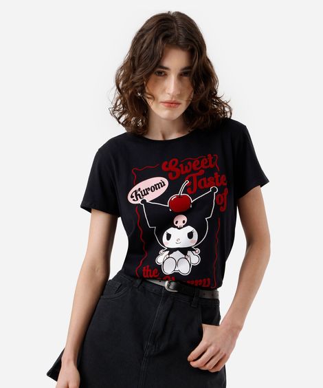 camiseta feminina de algodão texturizada preta