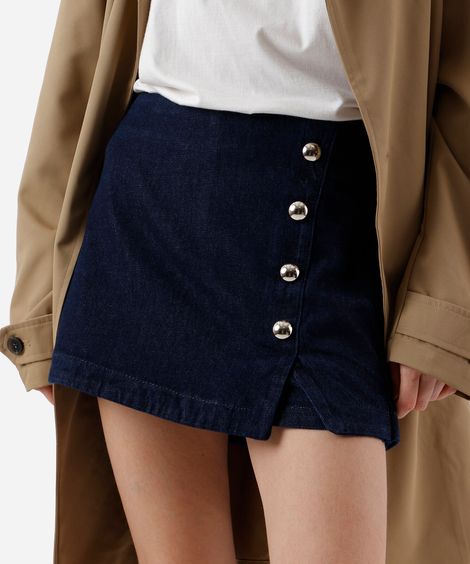 short saia feminino jeans com botões e fenda azul