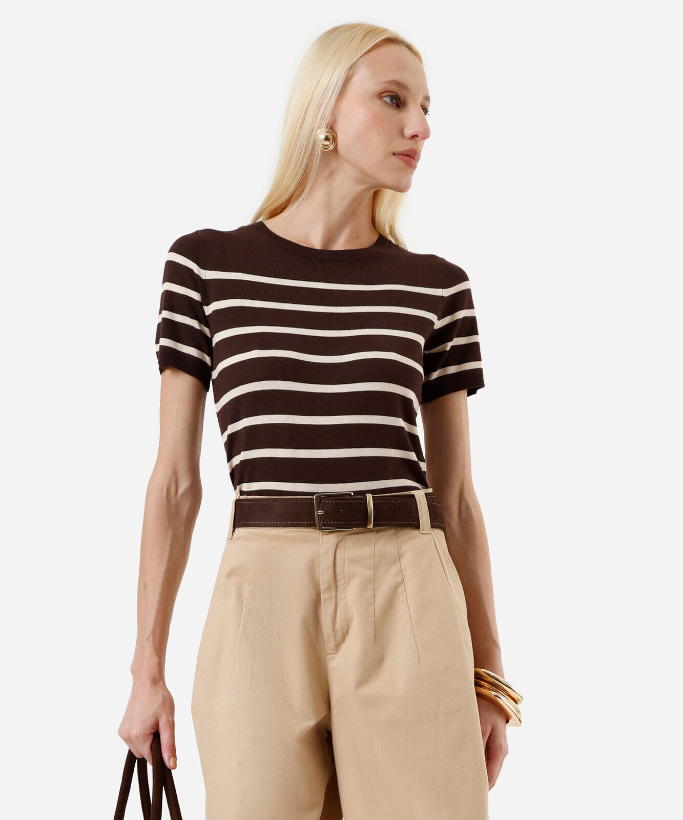 blusa feminina de tricot listrada marrom