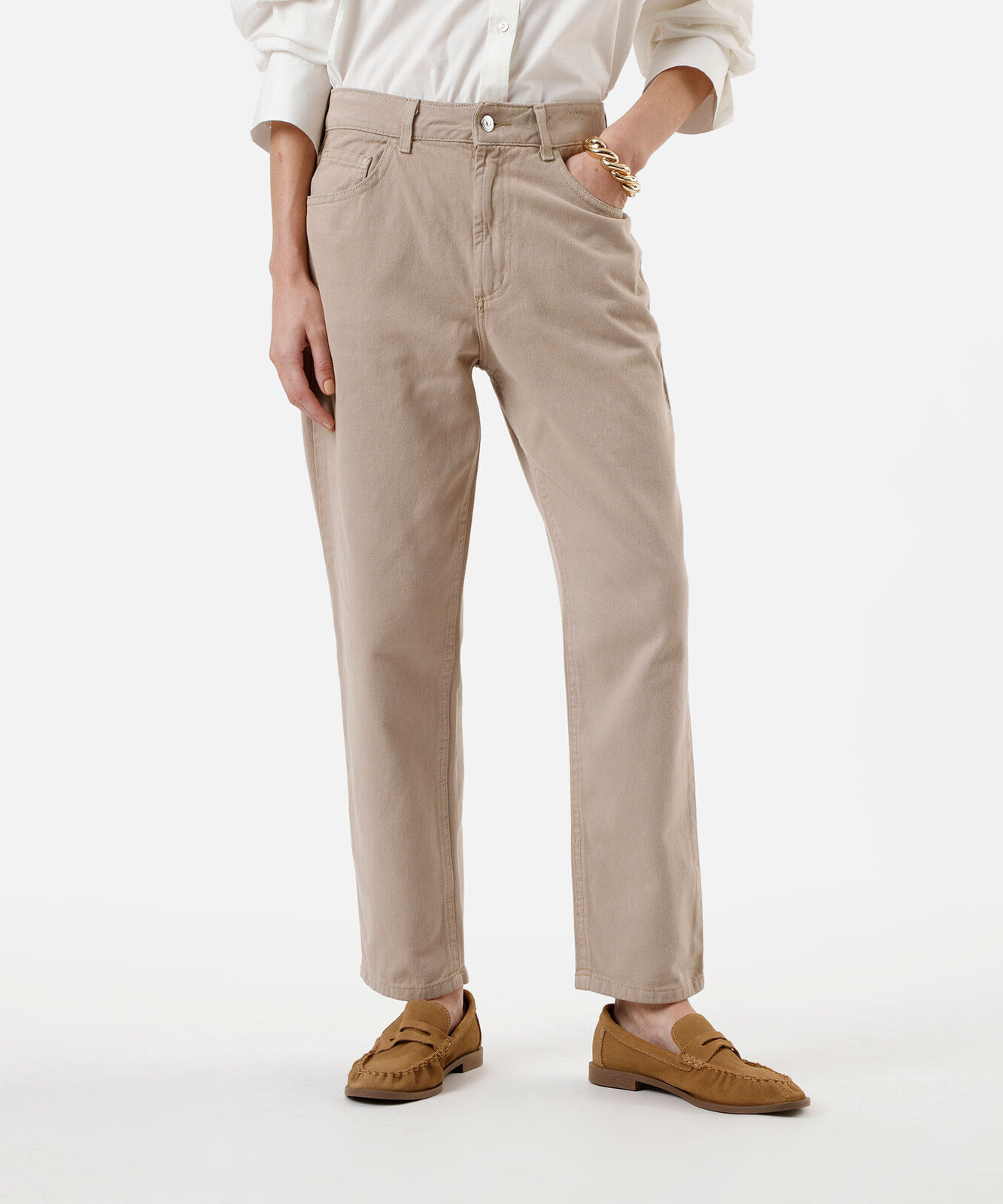 calça mom feminina de sarja cintura alta bege