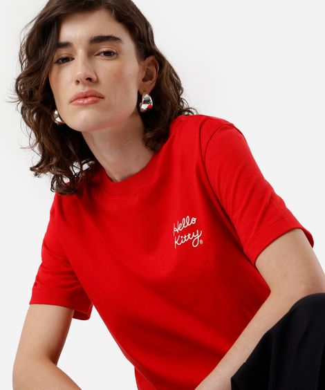 camiseta feminina de algodão hello kitty vermelha