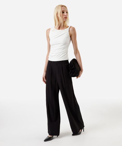 calça wide leg feminina com viscose cós elástico preta