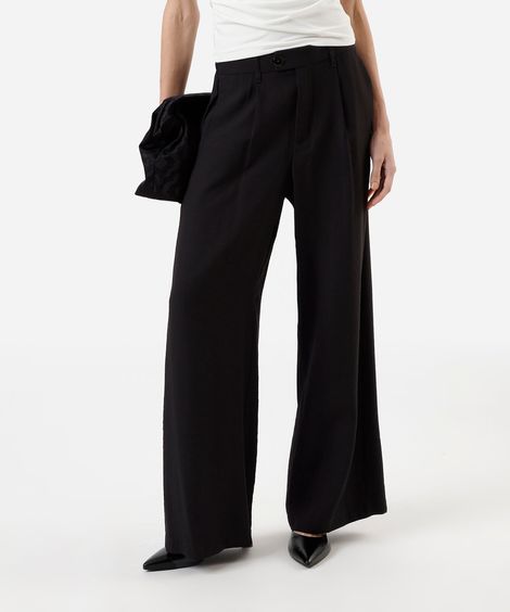 calça wide leg feminina com viscose cós elástico preta