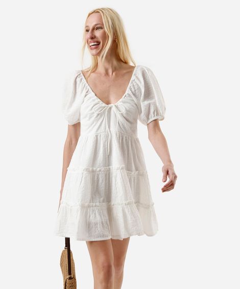 vestido curto feminino de algodão com recortes texturizado off white