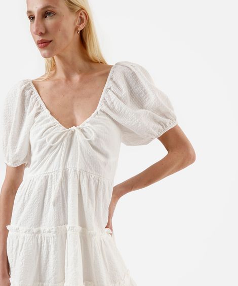 vestido curto feminino de algodão com recortes texturizado off white