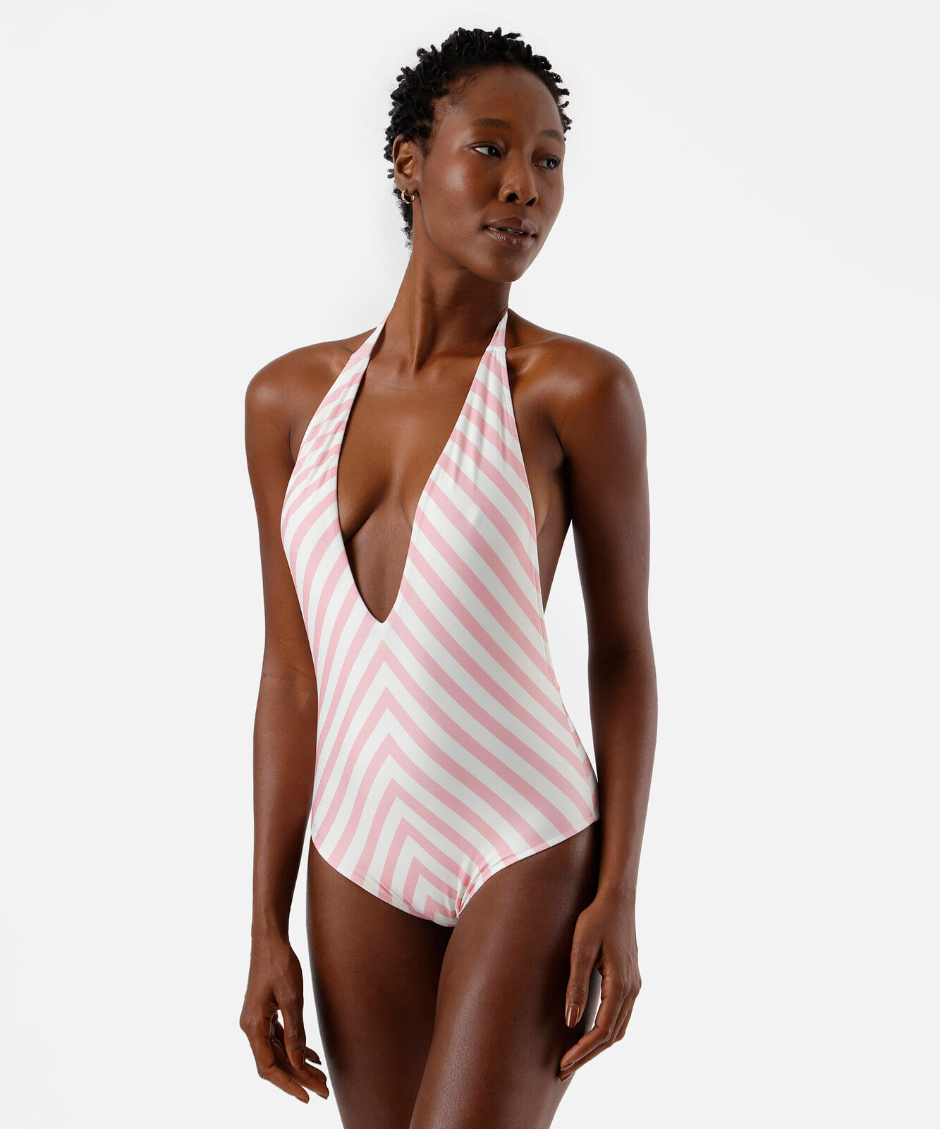 maiô feminino decote profundo listras rosa