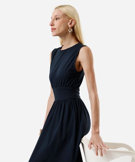 vestido midi feminino de algodão decote redondo azul