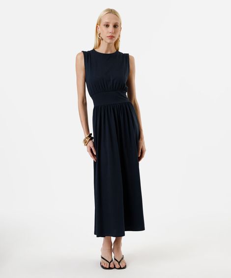 vestido midi feminino de algodão decote redondo azul