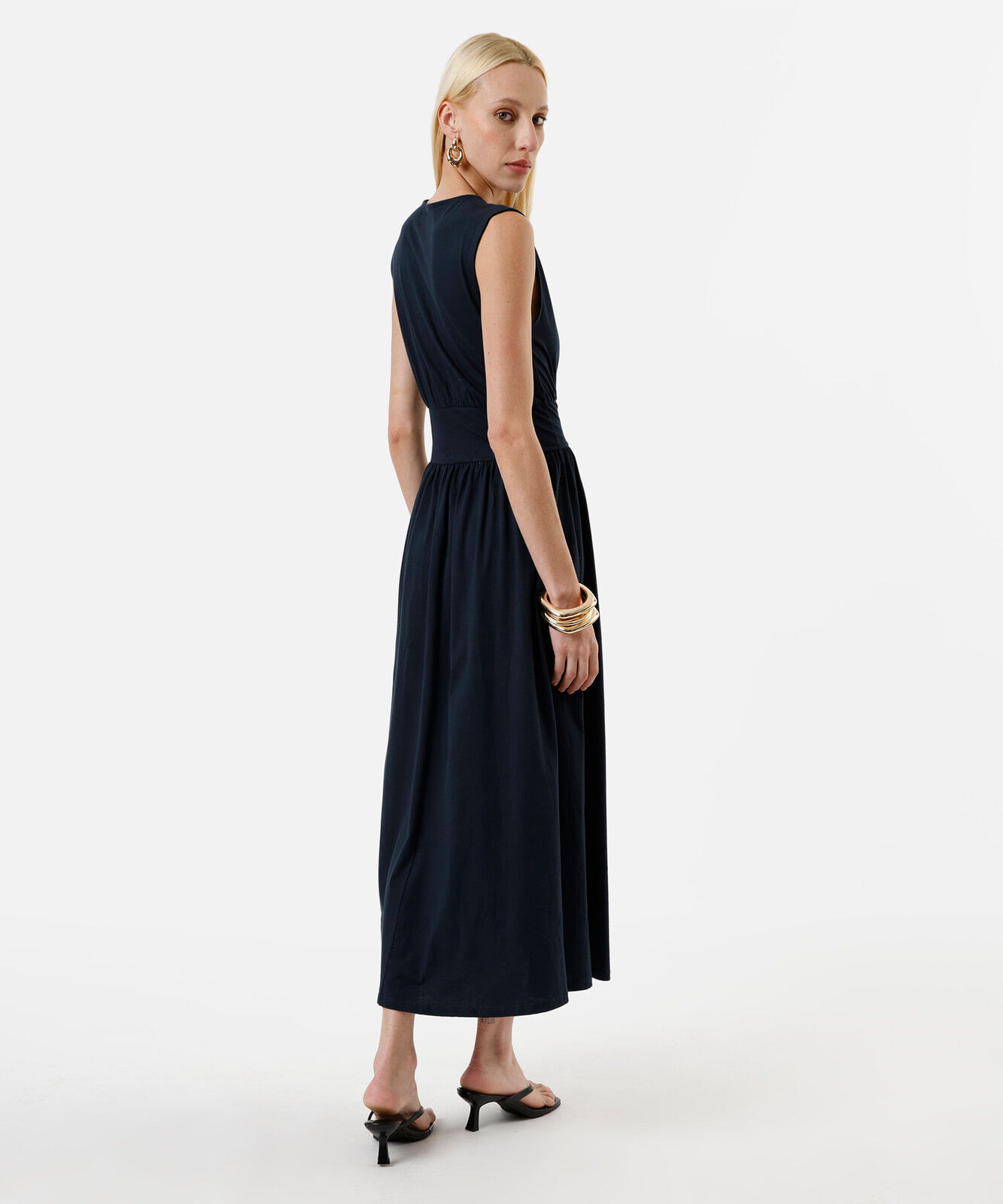 vestido midi feminino de algodão decote redondo azul