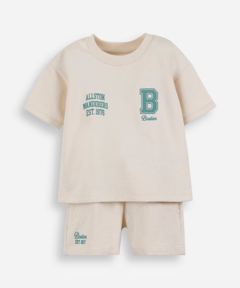 conjunto curto infantil de algodão estampado bege