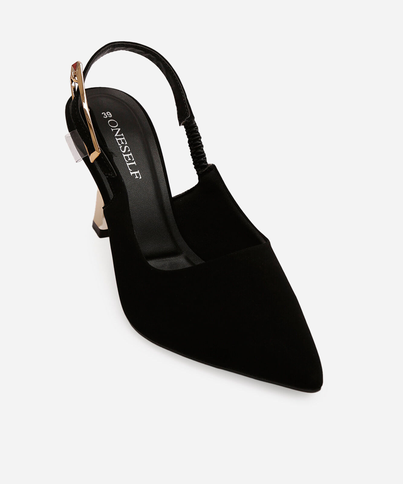 scarpin bico fino salto alto metalizado oneself preto