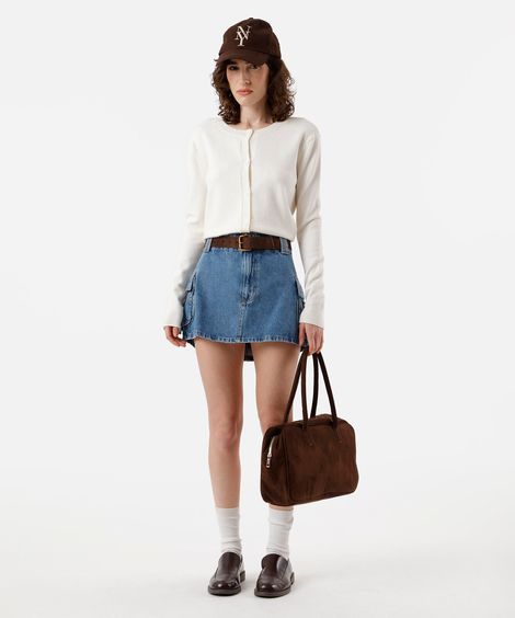 minissaia cargo feminina jeans cintura média azul