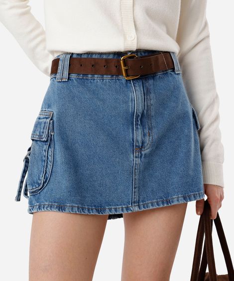 minissaia cargo feminina jeans cintura média azul
