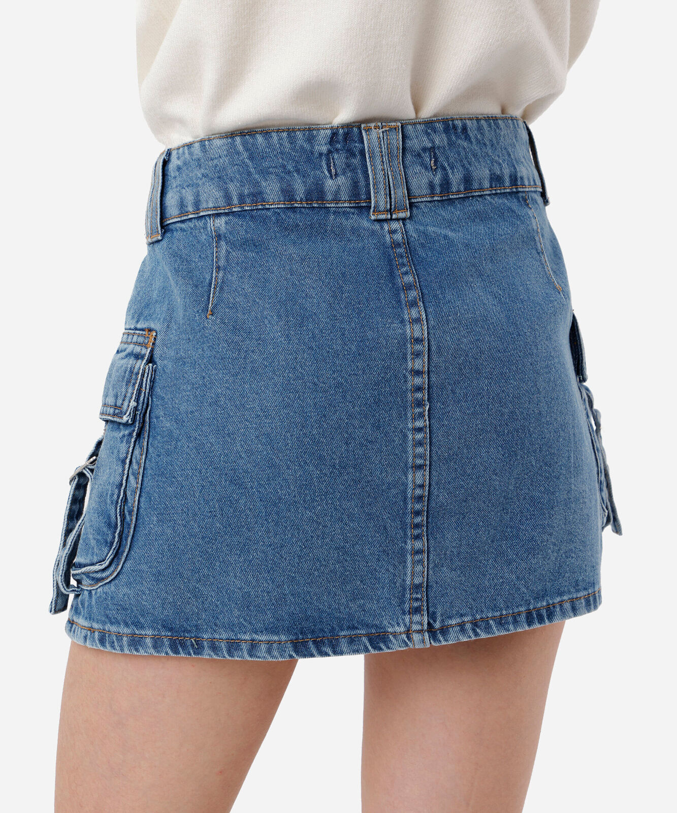 minissaia cargo feminina jeans cintura média azul