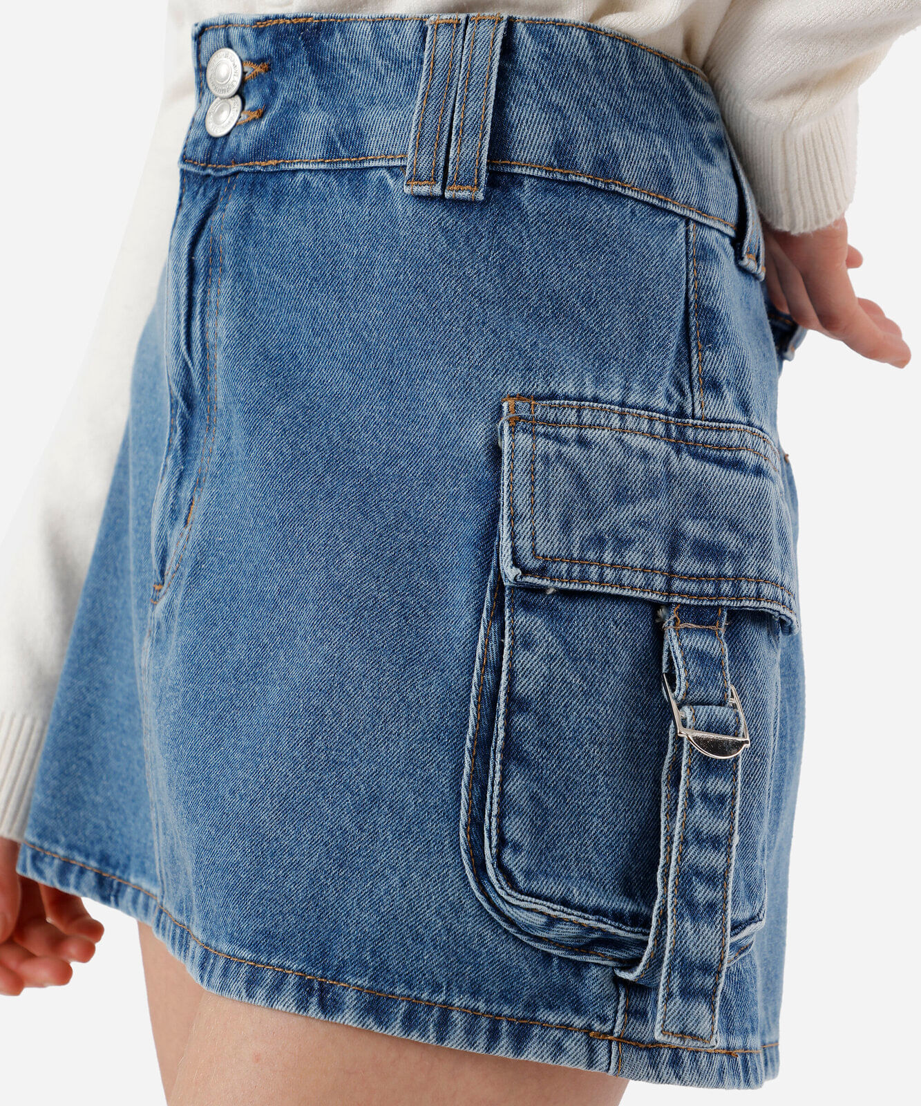 minissaia cargo feminina jeans cintura média azul